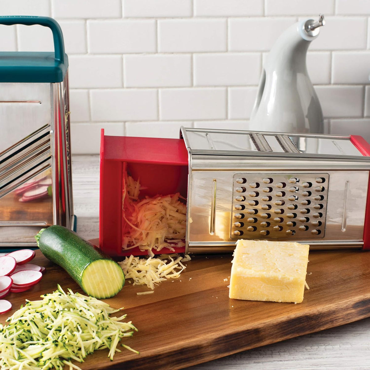 Rachael Ray Tools and Gadgets Stainless Steel Box Grater for Vegetables, Chocolate, Hard Cheeses, and more, Teal Blue