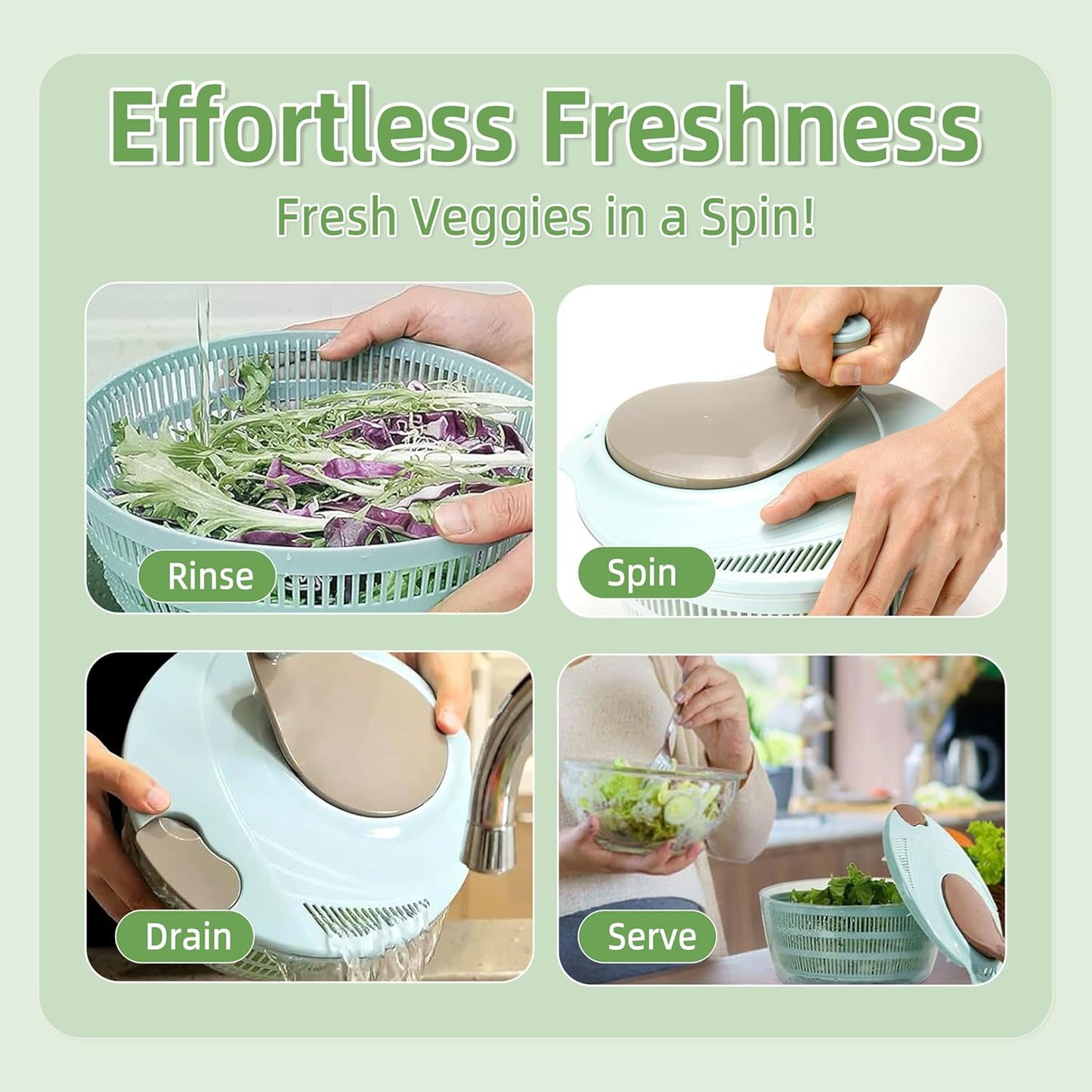 Large Capacity Salad Spinner, 4.24 Quart Lettuce Spinner with Double Drainage Holes, Quick and Easy Multi-Use Spinner with Bowl, Salad Dryer for Washing,Spinning,Draining Greens,Fruits,Vegetables