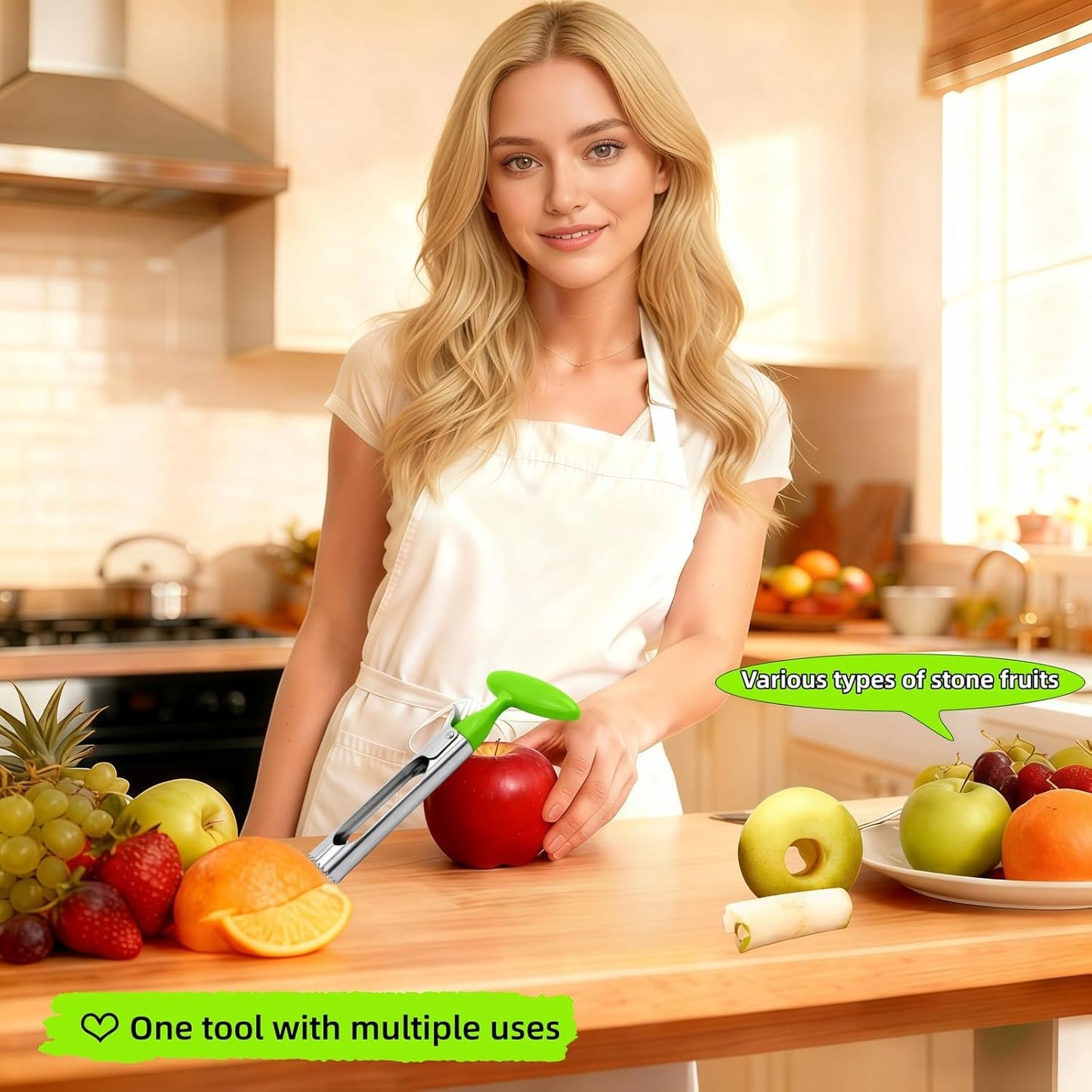 Premium Stainless Steel Apple Corer, Green | Easy Use & Dishwasher Safe, Multi-Fruit Core Remover, Ergonomic Handle for Apples, Pears, Tomatoes & Cupcakes