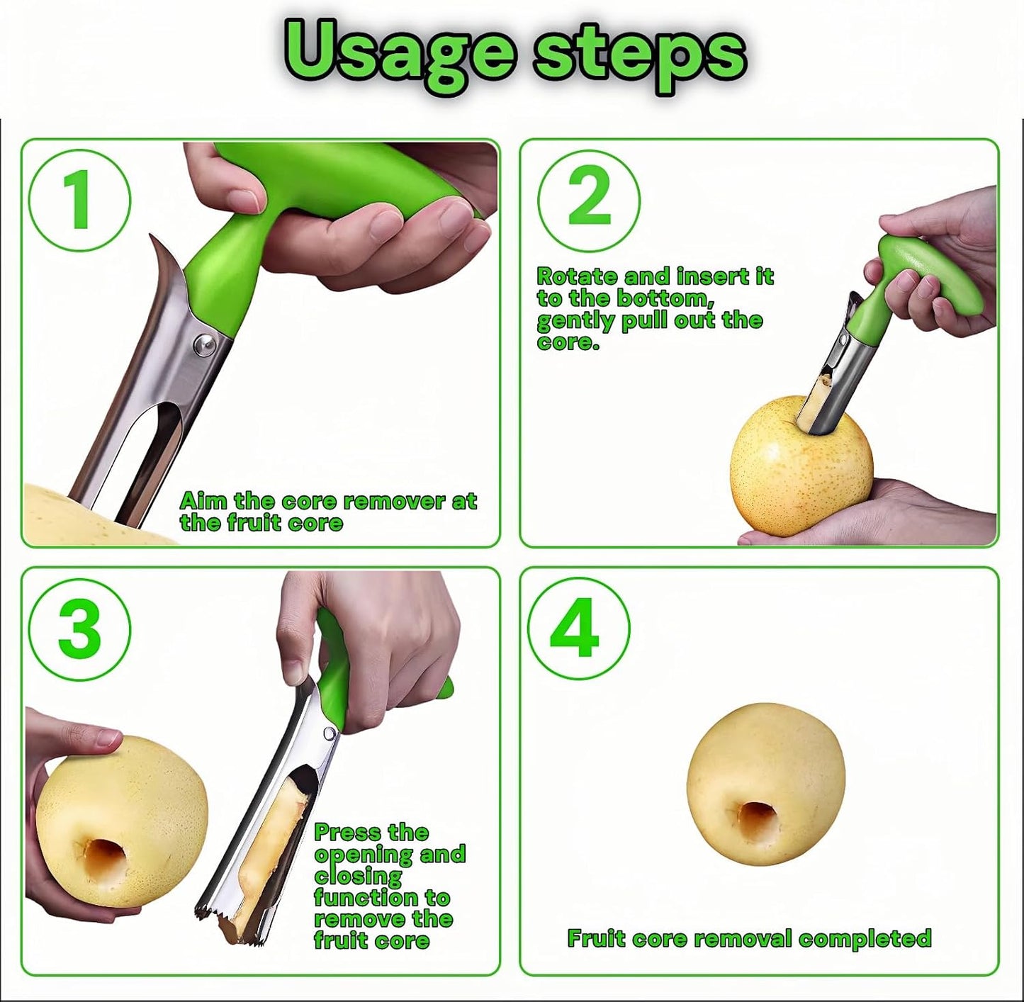Premium Stainless Steel Apple Corer, Green | Easy Use & Dishwasher Safe, Multi-Fruit Core Remover, Ergonomic Handle for Apples, Pears, Tomatoes & Cupcakes