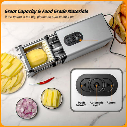 Electric French Fry Cutter - Automatic Potato Cutter with 1/2" & 3/8" Stainless Steel Blades, Non-Slip Suction Base, for Homemade Fries & Veggie Prep Potatoes Carrots, Kitchen & Light Commercial Use