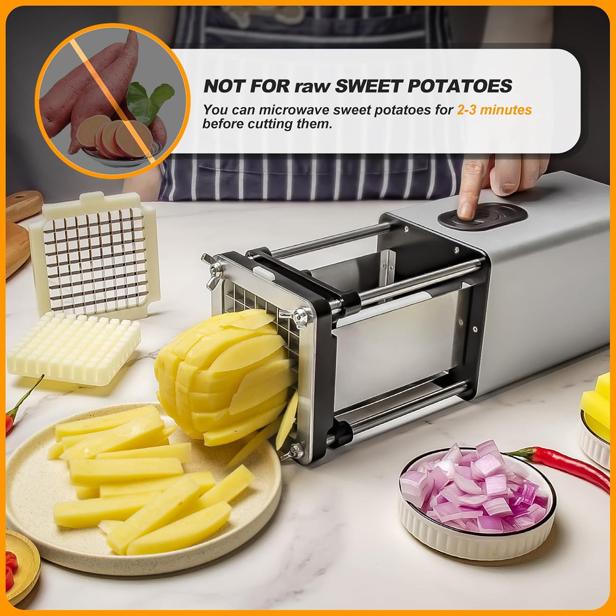Electric French Fry Cutter - Automatic Potato Cutter with 1/2" & 3/8" Stainless Steel Blades, Non-Slip Suction Base, for Homemade Fries & Veggie Prep Potatoes Carrots, Kitchen & Light Commercial Use