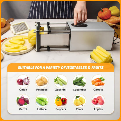 Electric French Fry Cutter - Automatic Potato Cutter with 1/2" & 3/8" Stainless Steel Blades, Non-Slip Suction Base, for Homemade Fries & Veggie Prep Potatoes Carrots, Kitchen & Light Commercial Use