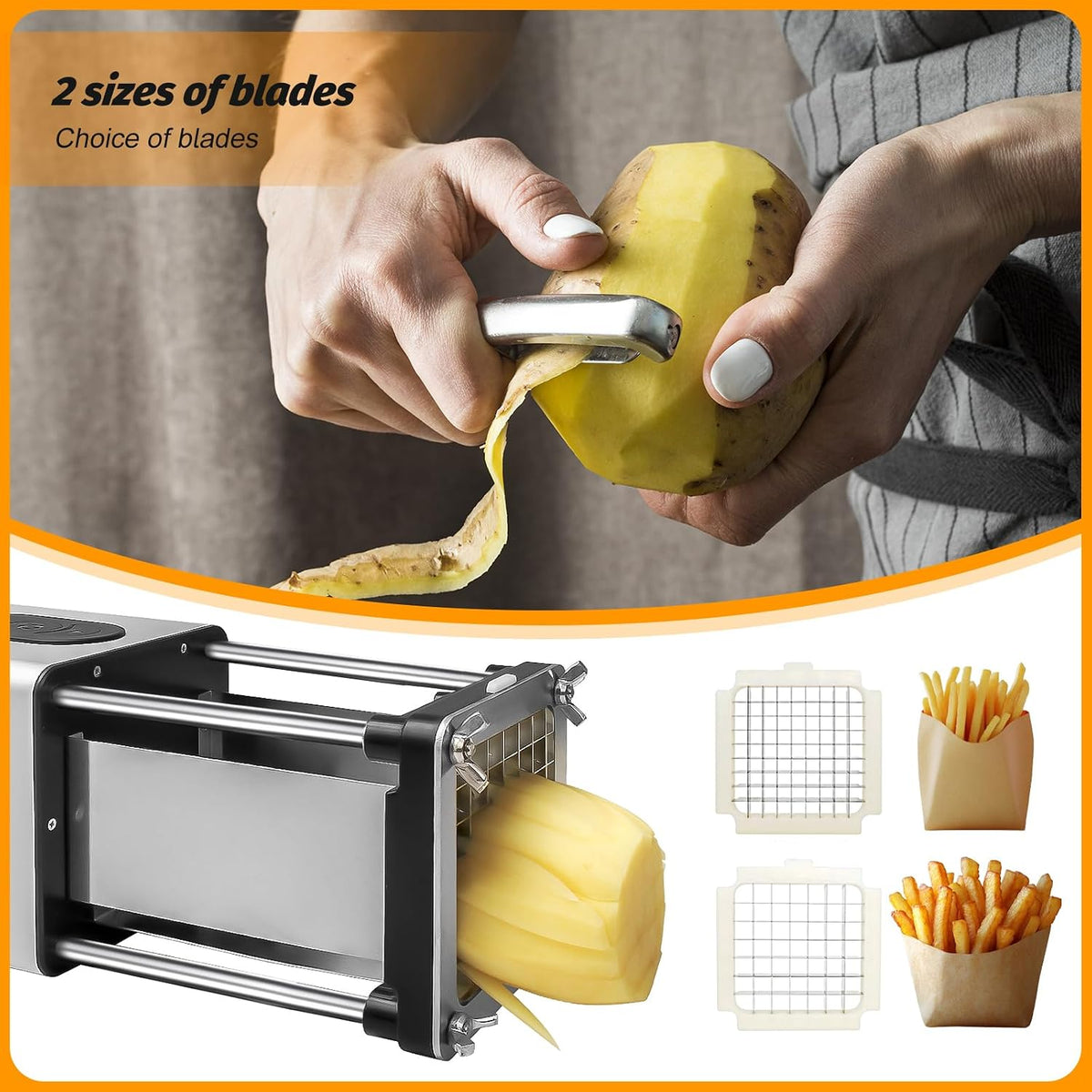 Electric French Fry Cutter - Automatic Potato Cutter with 1/2" & 3/8" Stainless Steel Blades, Non-Slip Suction Base, for Homemade Fries & Veggie Prep Potatoes Carrots, Kitchen & Light Commercial Use