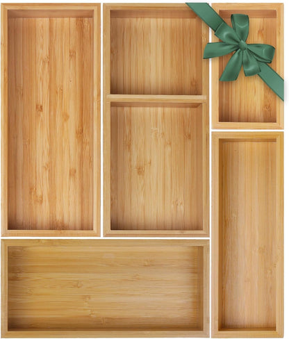 Bamboo Drawer Organizer Set, Individual Wood Storage Organizers | 5 PCS Multi-Use Junk Drawer Divider, Storage Trays Containers for Kitchen, Bathroom, Office Desk, Makeup, Jewelry, Utensils