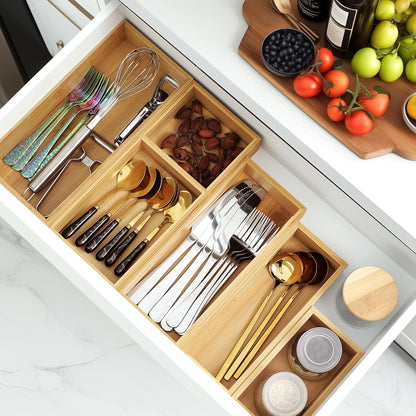 Bamboo Drawer Organizer Set, Individual Wood Storage Organizers | 5 PCS Multi-Use Junk Drawer Divider, Storage Trays Containers for Kitchen, Bathroom, Office Desk, Makeup, Jewelry, Utensils