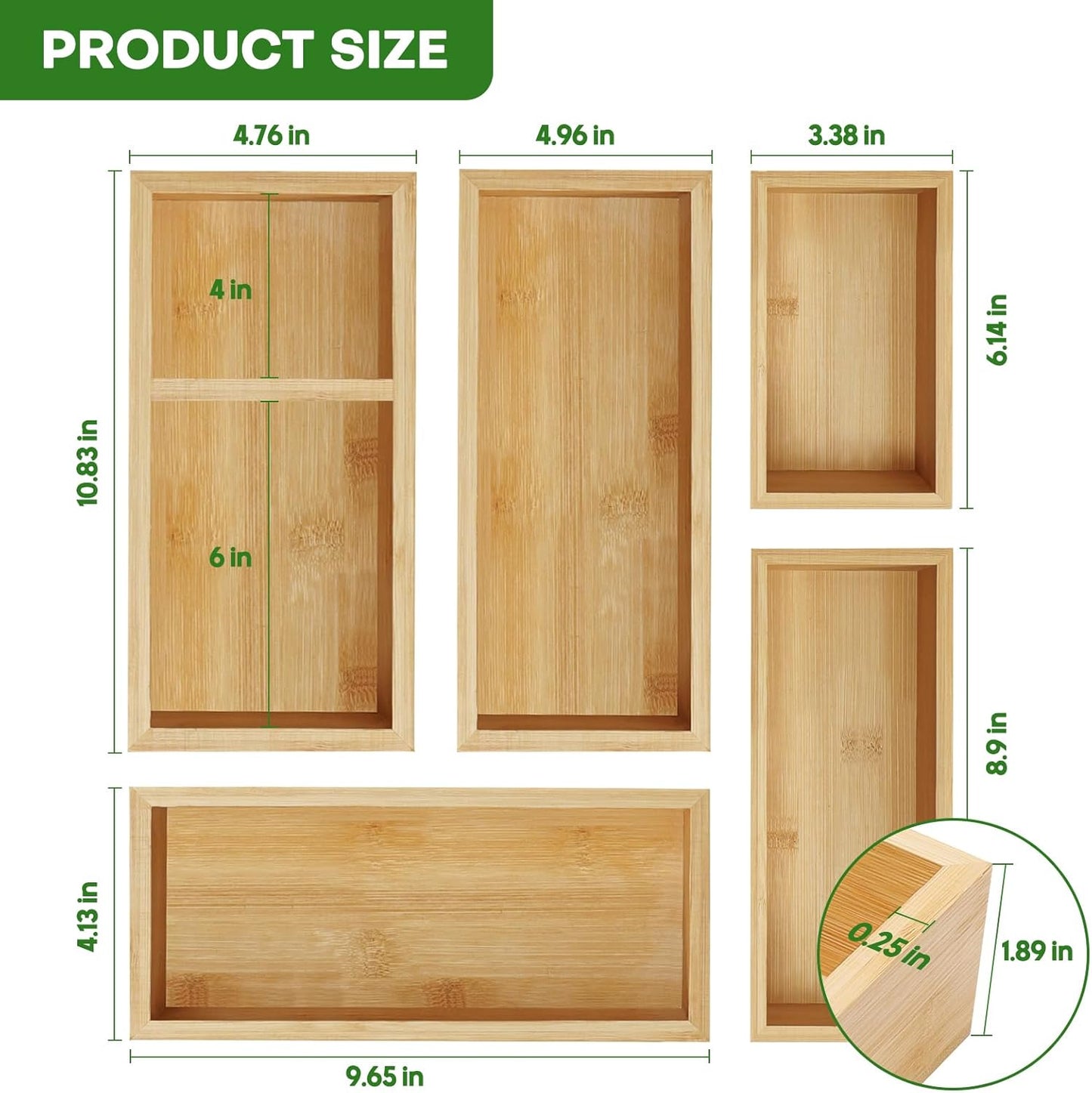 Bamboo Drawer Organizer Set, Individual Wood Storage Organizers | 5 PCS Multi-Use Junk Drawer Divider, Storage Trays Containers for Kitchen, Bathroom, Office Desk, Makeup, Jewelry, Utensils