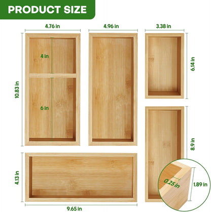 Bamboo Drawer Organizer Set, Individual Wood Storage Organizers | 5 PCS Multi-Use Junk Drawer Divider, Storage Trays Containers for Kitchen, Bathroom, Office Desk, Makeup, Jewelry, Utensils
