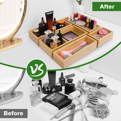 Bamboo Drawer Organizer Set, Individual Wood Storage Organizers | 5 PCS Multi-Use Junk Drawer Divider, Storage Trays Containers for Kitchen, Bathroom, Office Desk, Makeup, Jewelry, Utensils