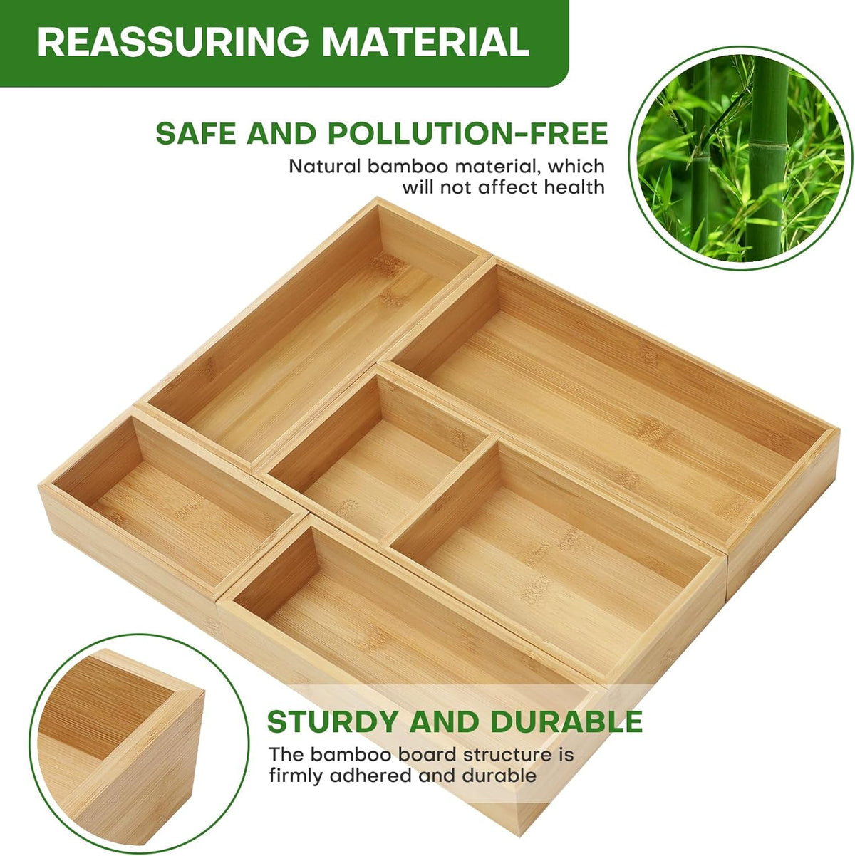 Bamboo Drawer Organizer Set, Individual Wood Storage Organizers | 5 PCS Multi-Use Junk Drawer Divider, Storage Trays Containers for Kitchen, Bathroom, Office Desk, Makeup, Jewelry, Utensils