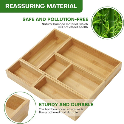 Bamboo Drawer Organizer Set, Individual Wood Storage Organizers | 5 PCS Multi-Use Junk Drawer Divider, Storage Trays Containers for Kitchen, Bathroom, Office Desk, Makeup, Jewelry, Utensils