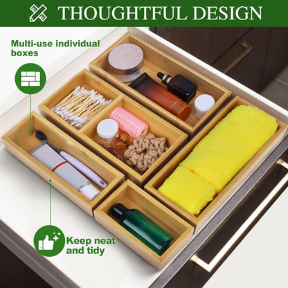 Bamboo Drawer Organizer Set, Individual Wood Storage Organizers | 5 PCS Multi-Use Junk Drawer Divider, Storage Trays Containers for Kitchen, Bathroom, Office Desk, Makeup, Jewelry, Utensils