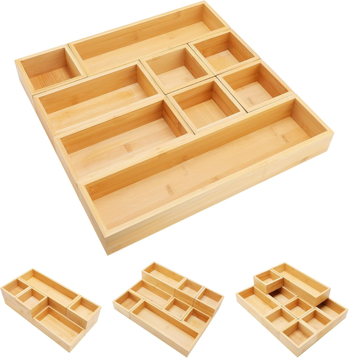 Bamboo Drawer Organizer Set, Individual Wood Storage Organizers | 5 PCS Multi-Use Junk Drawer Divider, Storage Trays Containers for Kitchen, Bathroom, Office Desk, Makeup, Jewelry, Utensils