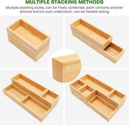 Bamboo Drawer Organizer Set, Individual Wood Storage Organizers | 5 PCS Multi-Use Junk Drawer Divider, Storage Trays Containers for Kitchen, Bathroom, Office Desk, Makeup, Jewelry, Utensils