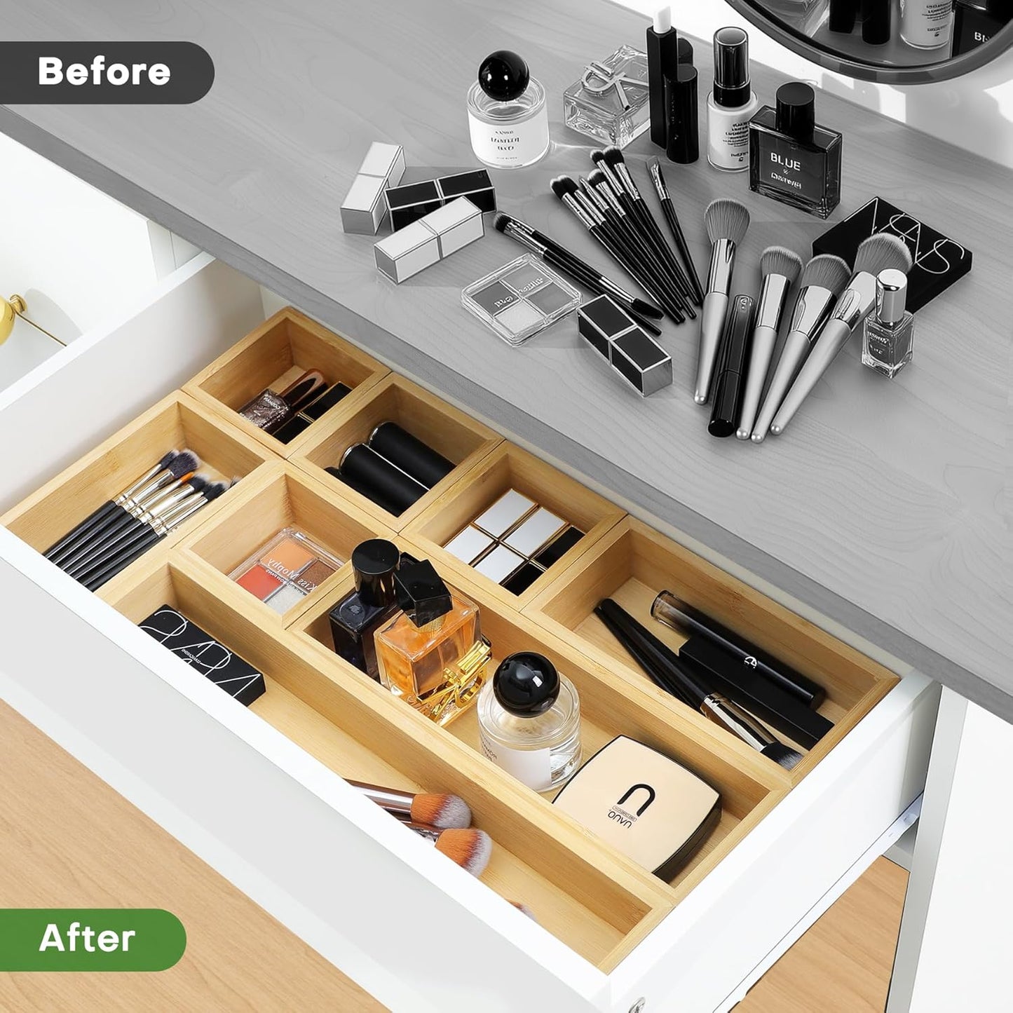 Bamboo Drawer Organizer Set, Individual Wood Storage Organizers | 5 PCS Multi-Use Junk Drawer Divider, Storage Trays Containers for Kitchen, Bathroom, Office Desk, Makeup, Jewelry, Utensils