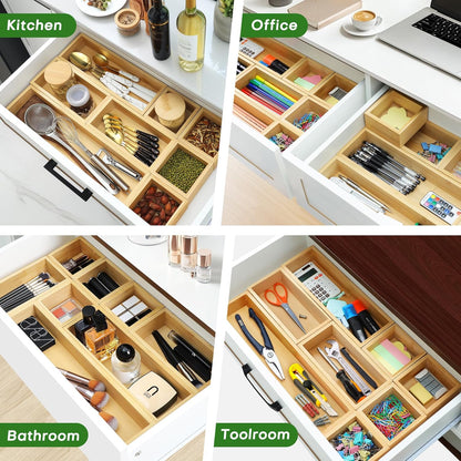 Bamboo Drawer Organizer Set, Individual Wood Storage Organizers | 5 PCS Multi-Use Junk Drawer Divider, Storage Trays Containers for Kitchen, Bathroom, Office Desk, Makeup, Jewelry, Utensils