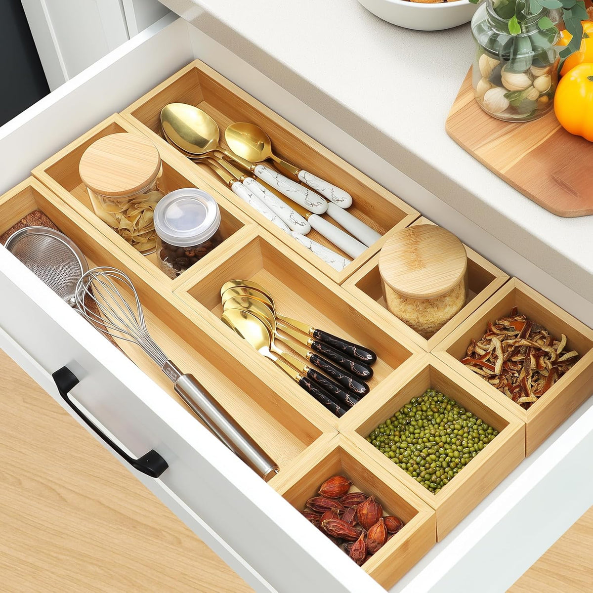 Bamboo Drawer Organizer Set, Individual Wood Storage Organizers | 5 PCS Multi-Use Junk Drawer Divider, Storage Trays Containers for Kitchen, Bathroom, Office Desk, Makeup, Jewelry, Utensils
