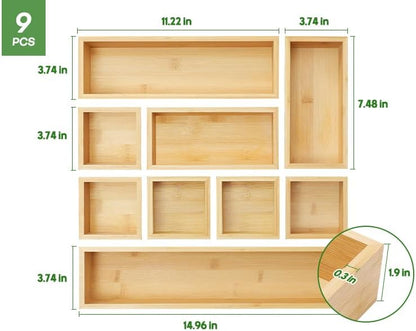 Bamboo Drawer Organizer Set, Individual Wood Storage Organizers | 5 PCS Multi-Use Junk Drawer Divider, Storage Trays Containers for Kitchen, Bathroom, Office Desk, Makeup, Jewelry, Utensils