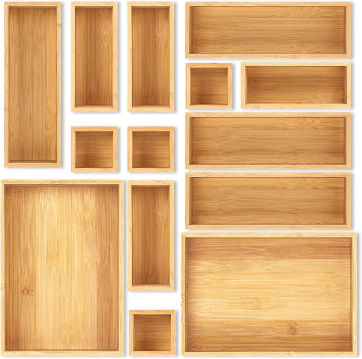 Bamboo Drawer Organizer Set, Individual Wood Storage Organizers | 5 PCS Multi-Use Junk Drawer Divider, Storage Trays Containers for Kitchen, Bathroom, Office Desk, Makeup, Jewelry, Utensils