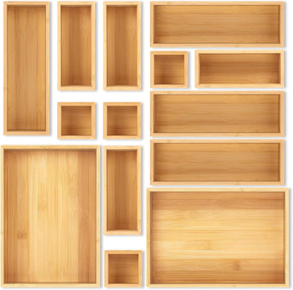 Bamboo Drawer Organizer Set, Individual Wood Storage Organizers | 5 PCS Multi-Use Junk Drawer Divider, Storage Trays Containers for Kitchen, Bathroom, Office Desk, Makeup, Jewelry, Utensils