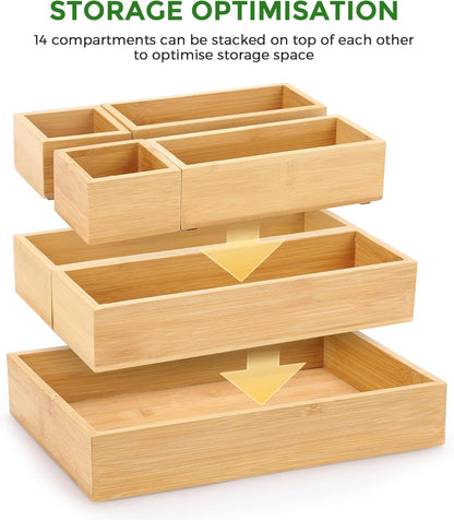 Bamboo Drawer Organizer Set, Individual Wood Storage Organizers | 5 PCS Multi-Use Junk Drawer Divider, Storage Trays Containers for Kitchen, Bathroom, Office Desk, Makeup, Jewelry, Utensils