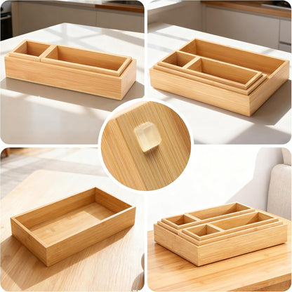 Bamboo Drawer Organizer Set, Individual Wood Storage Organizers | 5 PCS Multi-Use Junk Drawer Divider, Storage Trays Containers for Kitchen, Bathroom, Office Desk, Makeup, Jewelry, Utensils