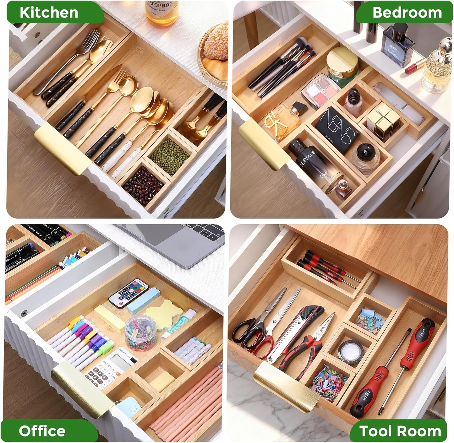 Bamboo Drawer Organizer Set, Individual Wood Storage Organizers | 5 PCS Multi-Use Junk Drawer Divider, Storage Trays Containers for Kitchen, Bathroom, Office Desk, Makeup, Jewelry, Utensils