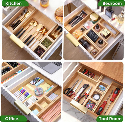 Bamboo Drawer Organizer Set, Individual Wood Storage Organizers | 5 PCS Multi-Use Junk Drawer Divider, Storage Trays Containers for Kitchen, Bathroom, Office Desk, Makeup, Jewelry, Utensils