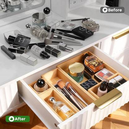 Bamboo Drawer Organizer Set, Individual Wood Storage Organizers | 5 PCS Multi-Use Junk Drawer Divider, Storage Trays Containers for Kitchen, Bathroom, Office Desk, Makeup, Jewelry, Utensils