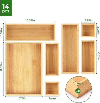 Bamboo Drawer Organizer Set, Individual Wood Storage Organizers | 5 PCS Multi-Use Junk Drawer Divider, Storage Trays Containers for Kitchen, Bathroom, Office Desk, Makeup, Jewelry, Utensils