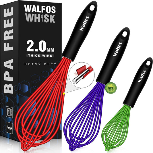 Whisk,7+9+11in Silicone whisk, BPA free Whisks for Cooking Non Scratch. Heat Resistant(480°F) Wisk. Perfect for Blending, Mixing, Beating etc.Dishwasher Safe.Set of 3 (Colorful)