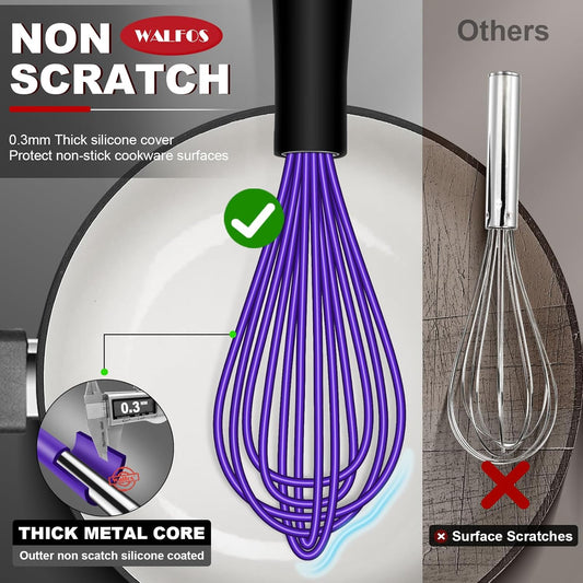 Whisk,7+9+11in Silicone whisk, BPA free Whisks for Cooking Non Scratch. Heat Resistant(480°F) Wisk. Perfect for Blending, Mixing, Beating etc.Dishwasher Safe.Set of 3 (Colorful)