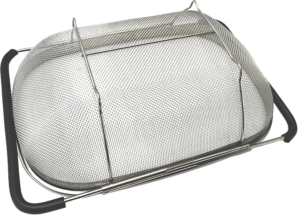 Over The Sink Stainless Steel Oval Colander with Expandable Rubber Grip Handles Strainers, Fine Mesh Strainer Basket Kitchen 6 Quarts Colander for Strain, Drain, Rinse Fruits, Vegetables