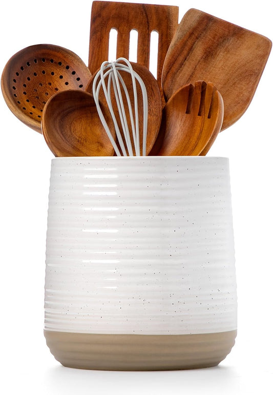 6.8" Large Ceramic Kitchen Utensil Holder | Utensil Holder for Kitchen Counter, Modern Farmhouse Style Holder for Spoons, Spatulas & Cooking Tools (White)