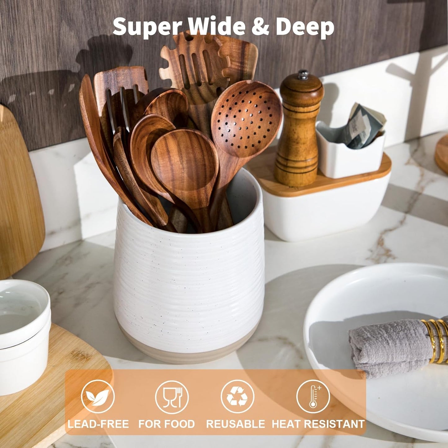 6.8" Large Ceramic Kitchen Utensil Holder | Utensil Holder for Kitchen Counter, Modern Farmhouse Style Holder for Spoons, Spatulas & Cooking Tools (White)