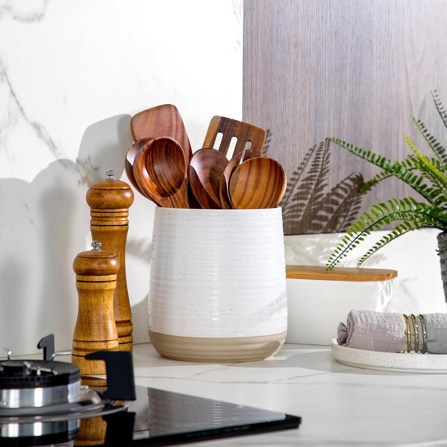 6.8" Large Ceramic Kitchen Utensil Holder | Utensil Holder for Kitchen Counter, Modern Farmhouse Style Holder for Spoons, Spatulas & Cooking Tools (White)
