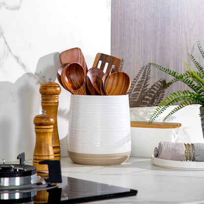 6.8" Large Ceramic Kitchen Utensil Holder | Utensil Holder for Kitchen Counter, Modern Farmhouse Style Holder for Spoons, Spatulas & Cooking Tools (White)