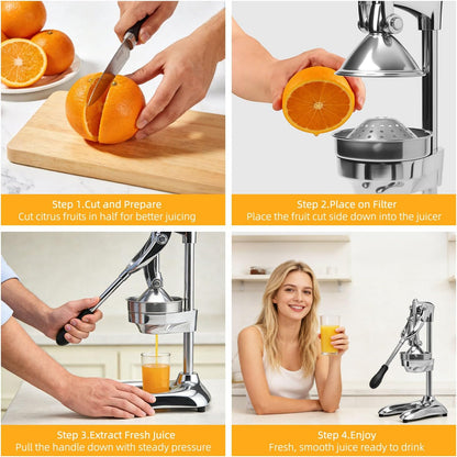 Manual Juicer, Heavy Duty Stainless Steel Hand Juicer Press, Lemon Squeezer for Pomegranates, Orange, Lime