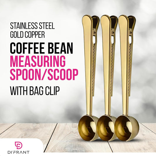 ® Coffee Bean Measuring Spoon with Bag Clip | Stainless Steel Coffee Scoop with Built-in Bag Sealer | Coffee Spoons | Bar Spoon (Gold)