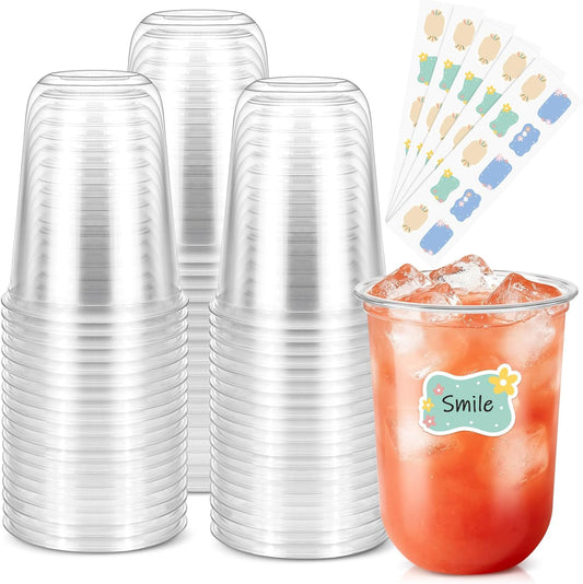 50 Pack 16 oz Clear Disposable Plastic Cups with Sticker Designs | Round Bottom Cocktail Cups for Party, Drinks and Cold Beverage, Wine Glasses for Wedding, Birthday, Gathering, Christmas