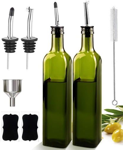 Glass Olive Oil Dispenser and Vinegar Dispenser Set with 2 Stainless Steel Pourers, 4 Labels, 1 Brush and 1 Funnel Oil Bottles for Kitchen (500ml)-Green (Olive Green)