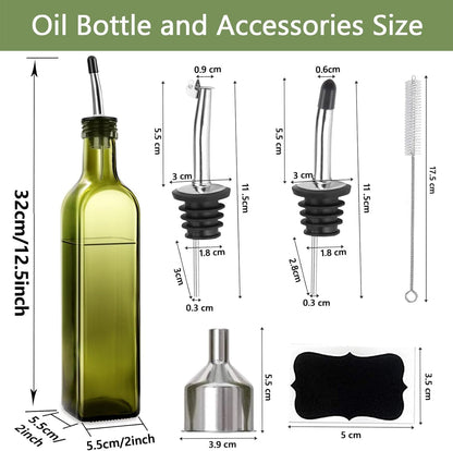 Glass Olive Oil Dispenser and Vinegar Dispenser Set with 2 Stainless Steel Pourers, 4 Labels, 1 Brush and 1 Funnel Oil Bottles for Kitchen (500ml)-Green (Olive Green)
