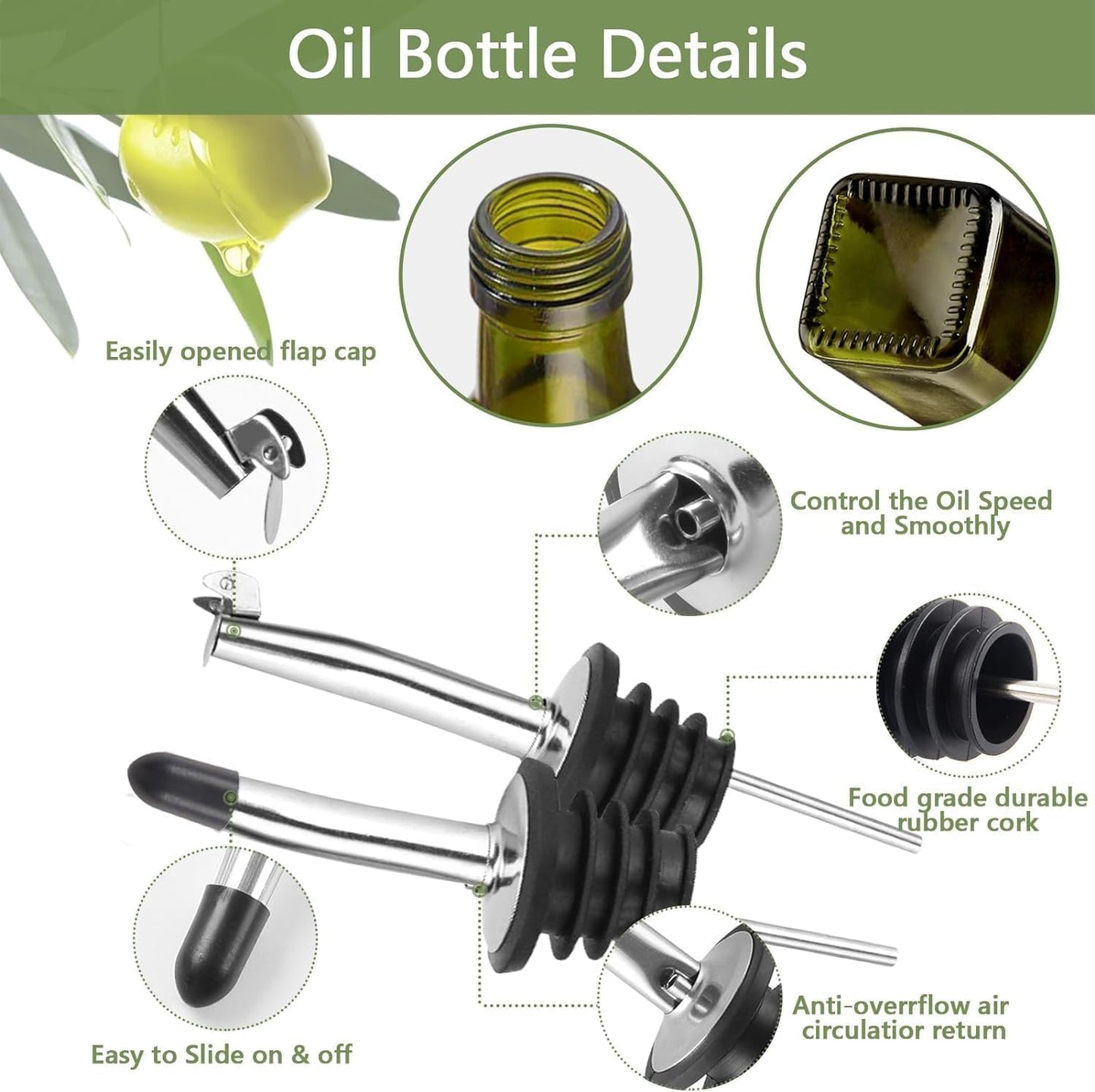 Glass Olive Oil Dispenser and Vinegar Dispenser Set with 2 Stainless Steel Pourers, 4 Labels, 1 Brush and 1 Funnel Oil Bottles for Kitchen (500ml)-Green (Olive Green)