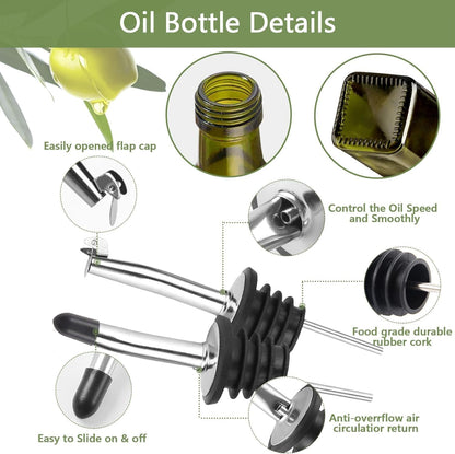 Glass Olive Oil Dispenser and Vinegar Dispenser Set with 2 Stainless Steel Pourers, 4 Labels, 1 Brush and 1 Funnel Oil Bottles for Kitchen (500ml)-Green (Olive Green)