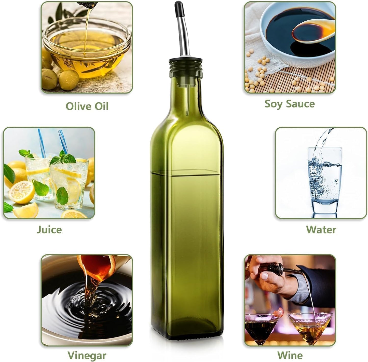 Glass Olive Oil Dispenser and Vinegar Dispenser Set with 2 Stainless Steel Pourers, 4 Labels, 1 Brush and 1 Funnel Oil Bottles for Kitchen (500ml)-Green (Olive Green)