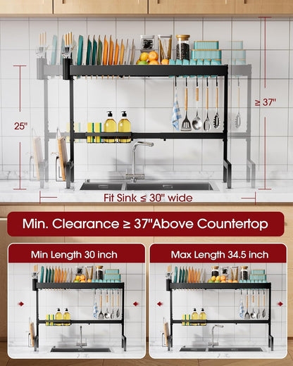 Over The Sink Dish Drying Rack, Expandable 2-Tier Stainless Steel Kitchen Storage Organization Accessories for Countertop, Rustproof & Space-Saving, 30"–34.5" L x 12" W x 25" H, Black