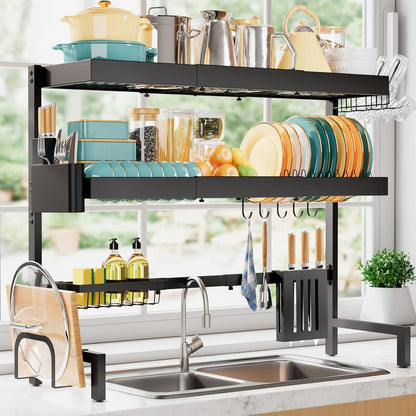 Over The Sink Dish Drying Rack, Expandable 2-Tier Stainless Steel Kitchen Storage Organization Accessories for Countertop, Rustproof & Space-Saving, 30"–34.5" L x 12" W x 25" H, Black