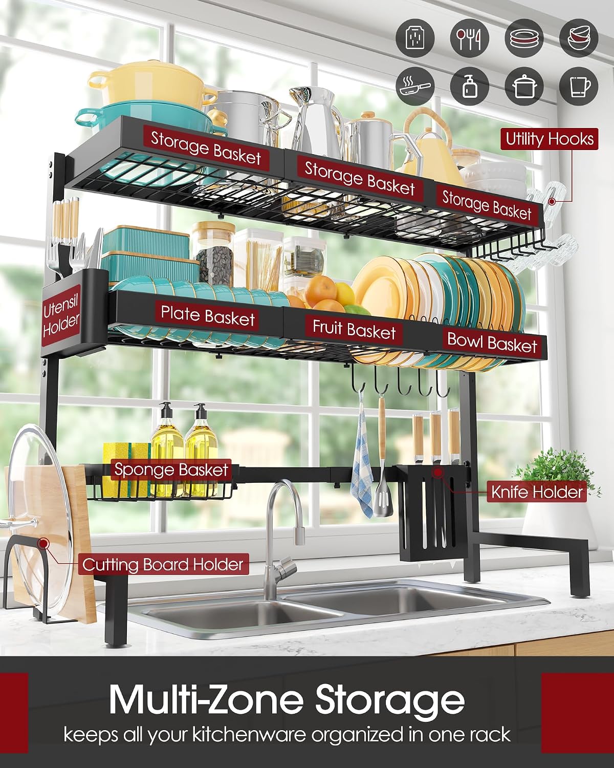 Over The Sink Dish Drying Rack, Expandable 2-Tier Stainless Steel Kitchen Storage Organization Accessories for Countertop, Rustproof & Space-Saving, 30"–34.5" L x 12" W x 25" H, Black