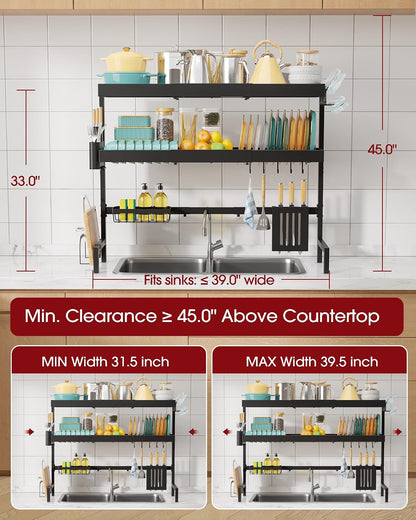 Over The Sink Dish Drying Rack, Expandable 2-Tier Stainless Steel Kitchen Storage Organization Accessories for Countertop, Rustproof & Space-Saving, 30"–34.5" L x 12" W x 25" H, Black