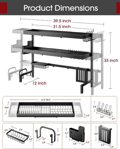 Over The Sink Dish Drying Rack, Expandable 2-Tier Stainless Steel Kitchen Storage Organization Accessories for Countertop, Rustproof & Space-Saving, 30"–34.5" L x 12" W x 25" H, Black